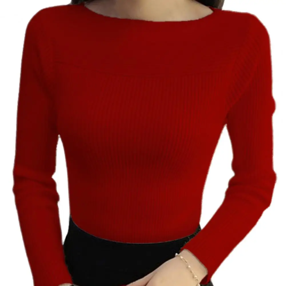 

Autumn Winter Women Sweater Knitting Tops Bateau Collar Long Sleeve Slim Pullover Stretchy Bottoming Top Sweater Elegant