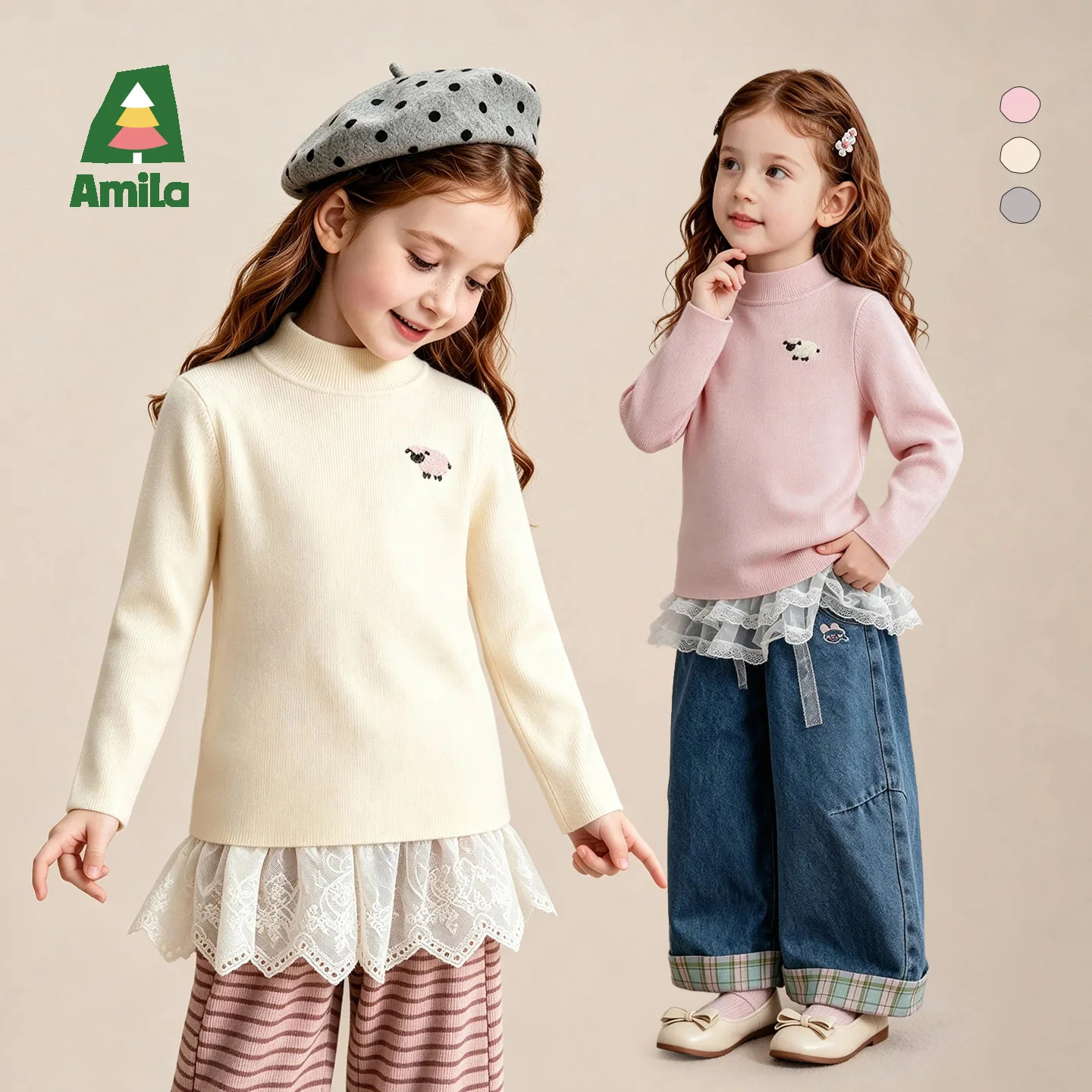 Amila 2026 Autumn New Kids Crew Neck Sweater Solid Pure Merino Wool Versatile Casual Warm Soft Cozy Daily Knitted Top