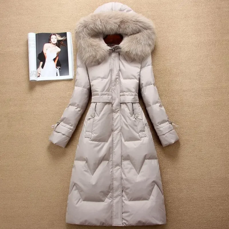 

Winter Women's White Duck Down Jacket Real Fox Fur Collar Fashion Korean Version Slim Down Jacket Medium Length Parkas