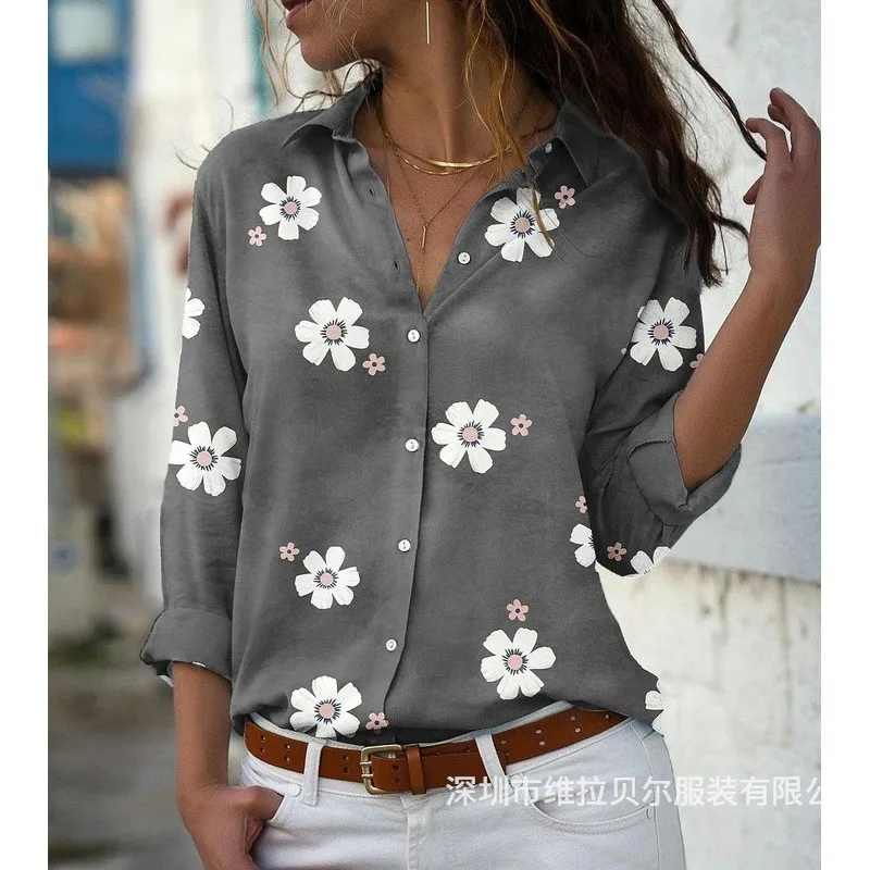 Printed Long Sleeve Shirt Loose Fit Elegant Commuting with Spring Urban Shirt Collar Slight Stretch Printed Pattern Women Blouse