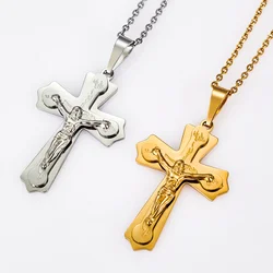 Christian Jesus 316L Vintage Mens Width 35mm Stainless Steel Religion Cross Pendant Necklace Chain Jewelry Gift