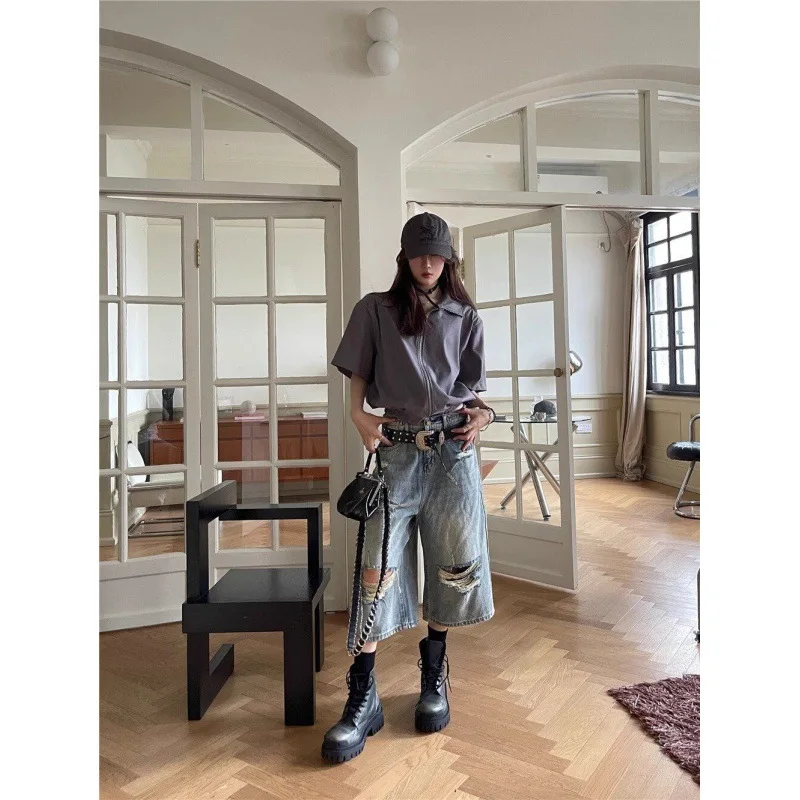 미국 스트릿 바이브 하이웨이스트 찢어진 와이드 레그 청바지 여성용 루즈핏 캐주얼 레트로 워싱 스트레이트 크롭 팬츠