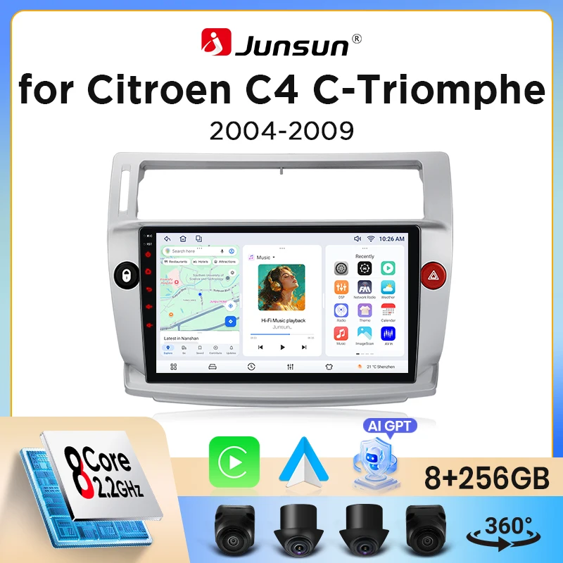 Autoradio sans fil Junsun CarPlay Android Auto pour Citroen C4 Mk1 (LA/LC) 2004-2011, ventilateur de refroidissement intégré, navigation GPS Android, lecteur multimédia, WiFi, DSP, RDS, BT, SWC, écran