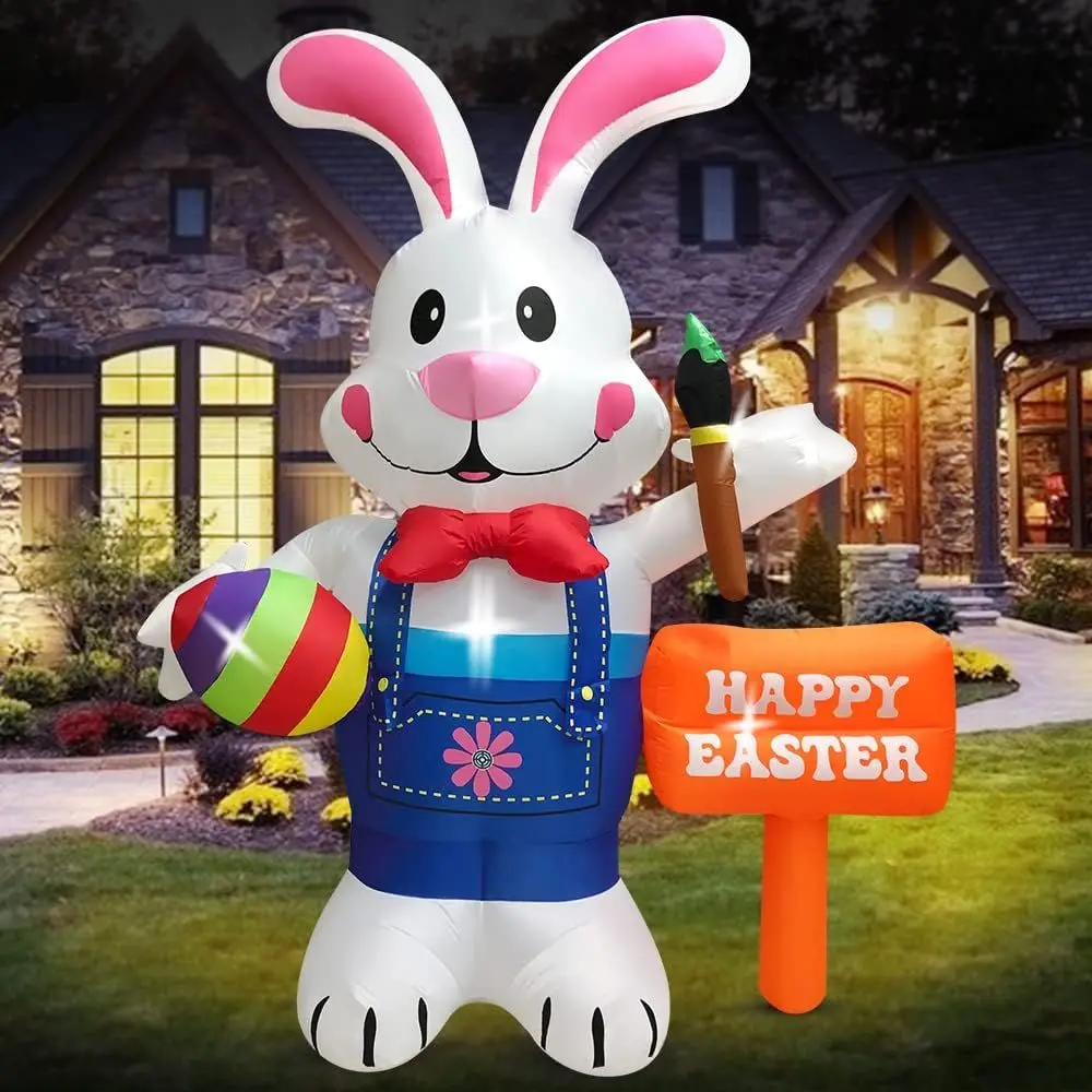 

8FT Easter Iatable Decorations Standing Bunny Holding Egg and Paintbrush, Build-in LED Lights Holiday Blow Up Yard Decoration, f