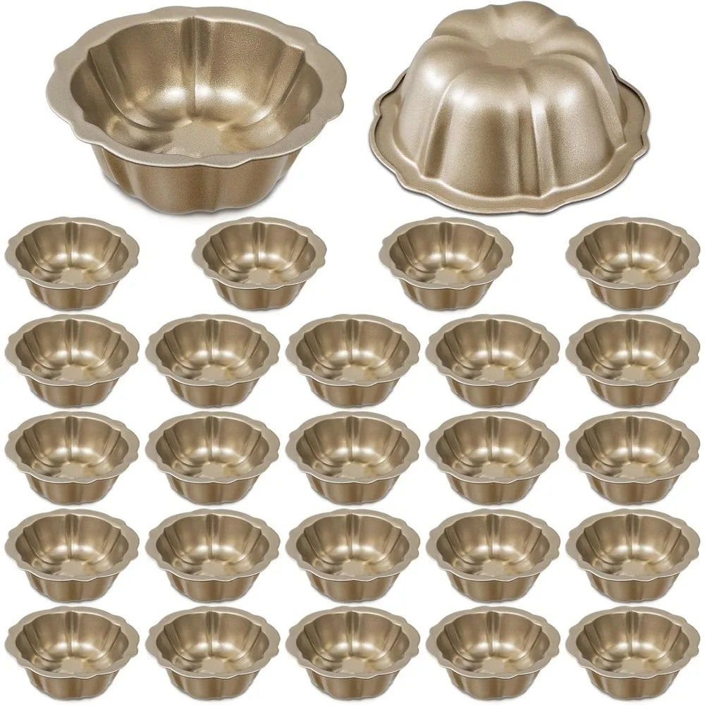 

24 Pcs 4-Inch Fluted Mini Cake Pans, Non-Stick Carbon Steel Baking Molds with Flower Shape for Cupcakes (Gold)