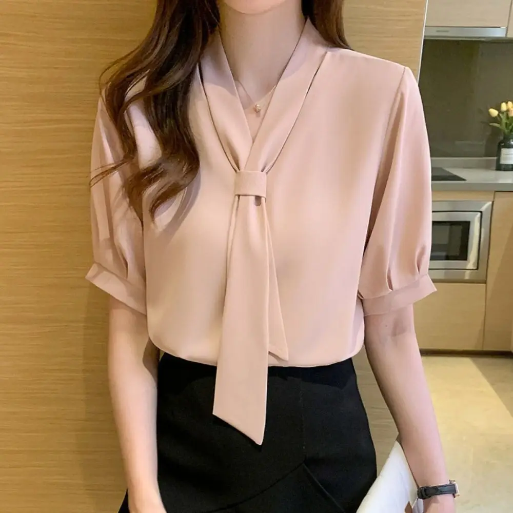 Sweet Solid Color Bow Elegant Shirt Loose Professional Long Sleeve Blouse Lace Up All Match Women's Chiffon Blouses Office