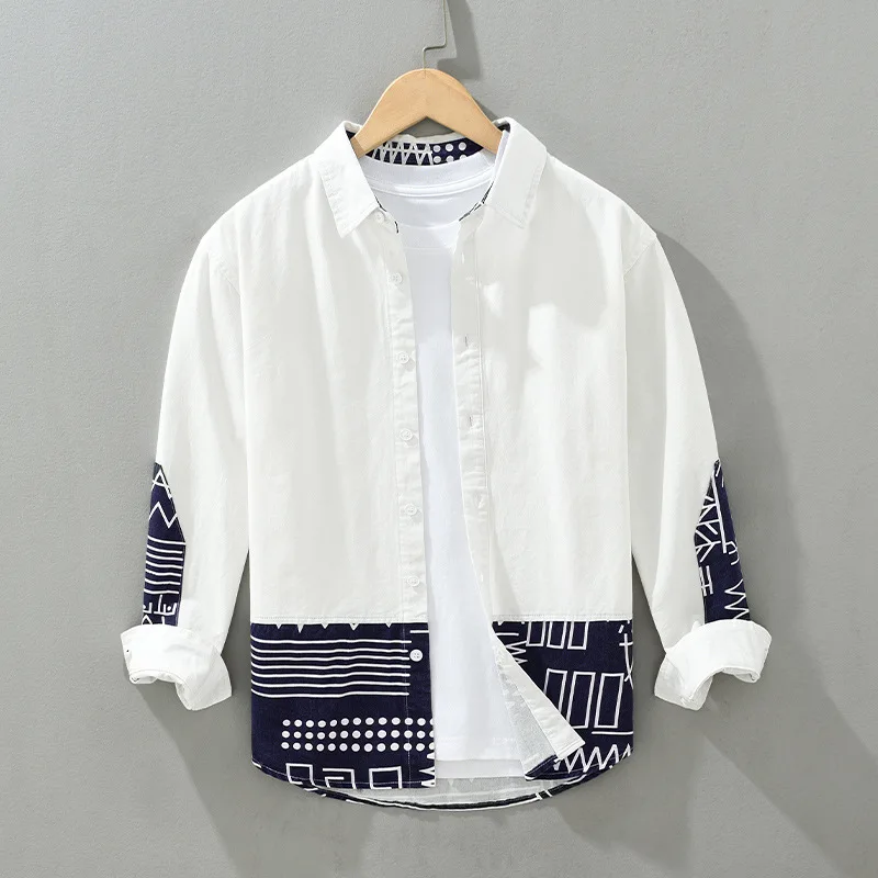 2410 Spring Casual Shirts Man Long Sleeved Solid Color Lapel Patchwork Graffiti Vintage Pattern Printed Cotton Thin Coats Male