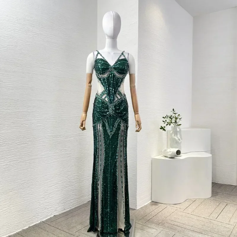 Women's Green High Quality Elegant Attractive Diamonds Sequins Slim Fit  Tube Maxi Dresses