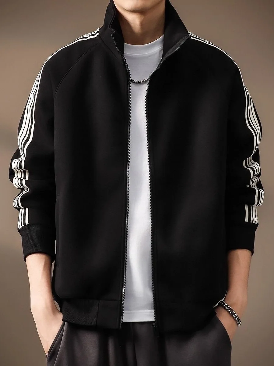 

Весенне-осенняя мужская толстовка на молнии с воротником-стойкой в американском стиле, повседневная свободная полосатая спортивная кофта-кардиган для молодежи