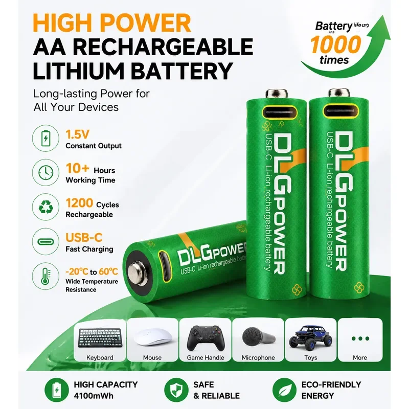 DLGpower 1.5V 4100mWh Battery AA 4100mWh Lithium Rechargeable Battery USB for Flashlight Microphone Electric Toy Mouse