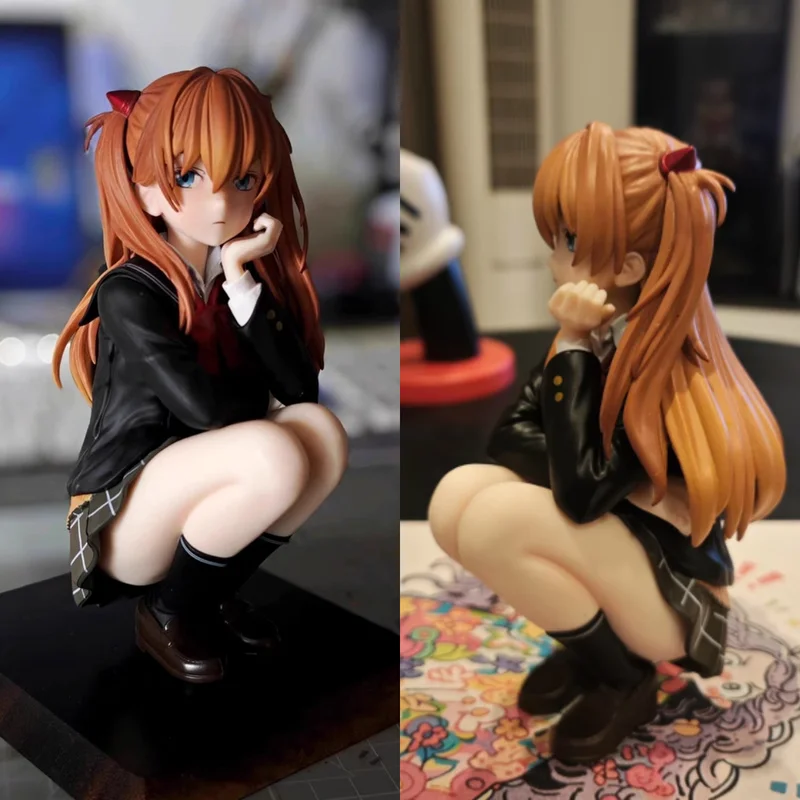 

15cm Anime Girl Asuka Academic-Style Squatting Action Figure Collectible Model Toy for Desktop PC Case Decoration Gift