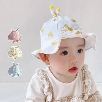 Heart Embroidery Baby Buckle Hat Cartoon Lovely Bows Soft Cotton Newborn Infant Fisherman Hat Outdoor Sunscreen Kids Sun Caps