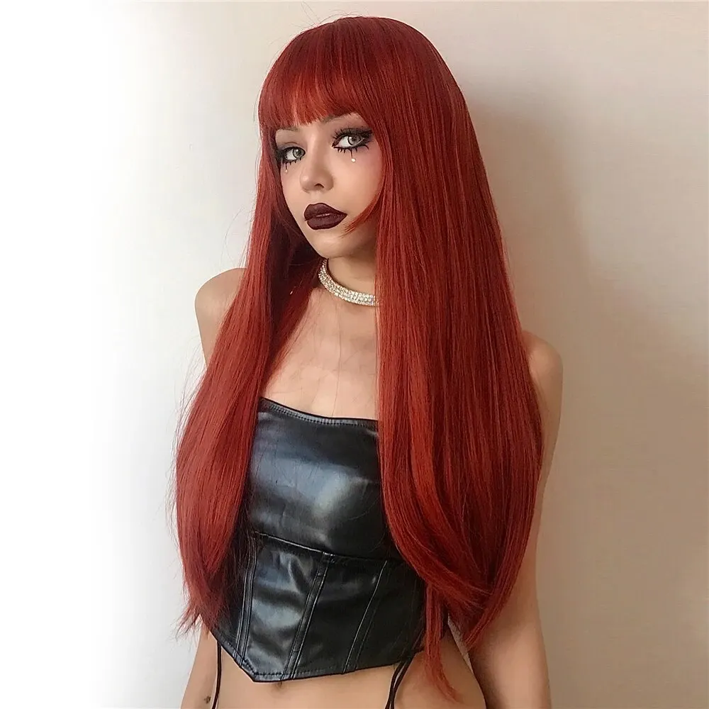 Orange Red Wigs For Women Long Straight Red Wig With Flat Bangs For Daily Costume Use Heat Resistant Natural Looking Fiber Wig