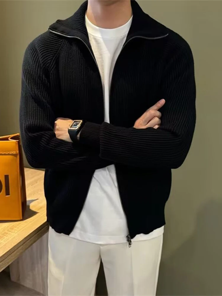 Old Money Style Knit Coats Mens Fashion Solid Color Stand Collar Outerwear Fall Warm Loose Ribbed Knitting Long Sleeve Cardigan