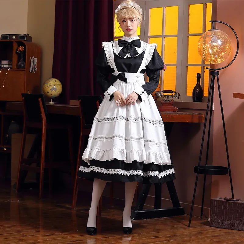 Black White Housekeeper Maid Long Dress Costumes Cosplay Butler Long Sleeve Waitress Costumes