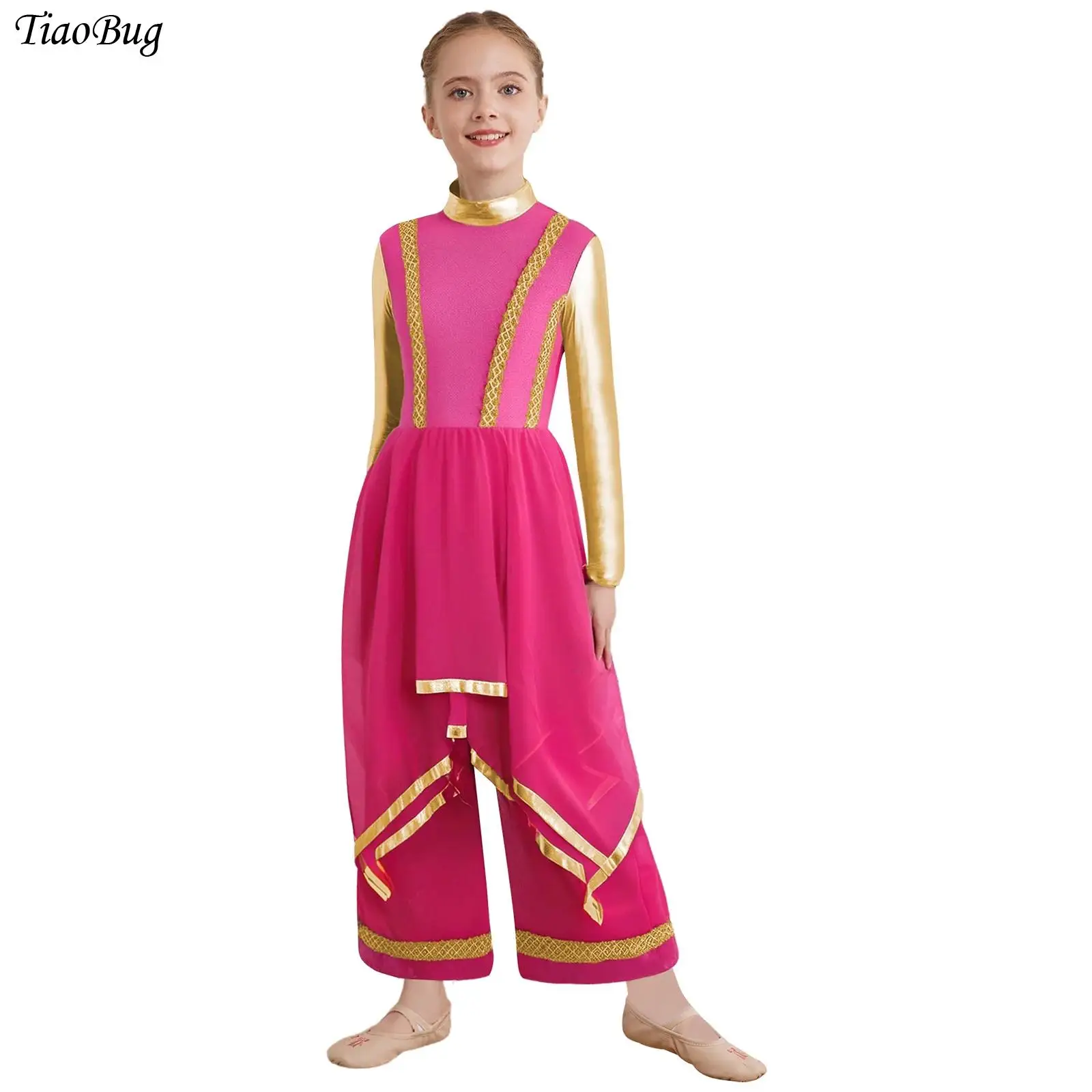 

Kids Girls Worship Liturgical Dance Dress Long Sleeve Gold Trim Metallic Color Block Irregular Hem Dresses with Wide-Leg Pants
