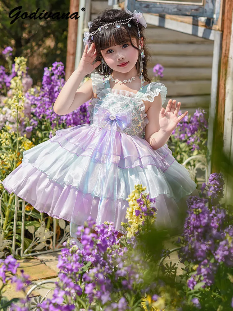 Little Girls Mermaid Princess Lolita Dress Kids 2026 New Summer Fashion Lace Trim Mesh Sequined Bow Train Party Tutu Dresses
