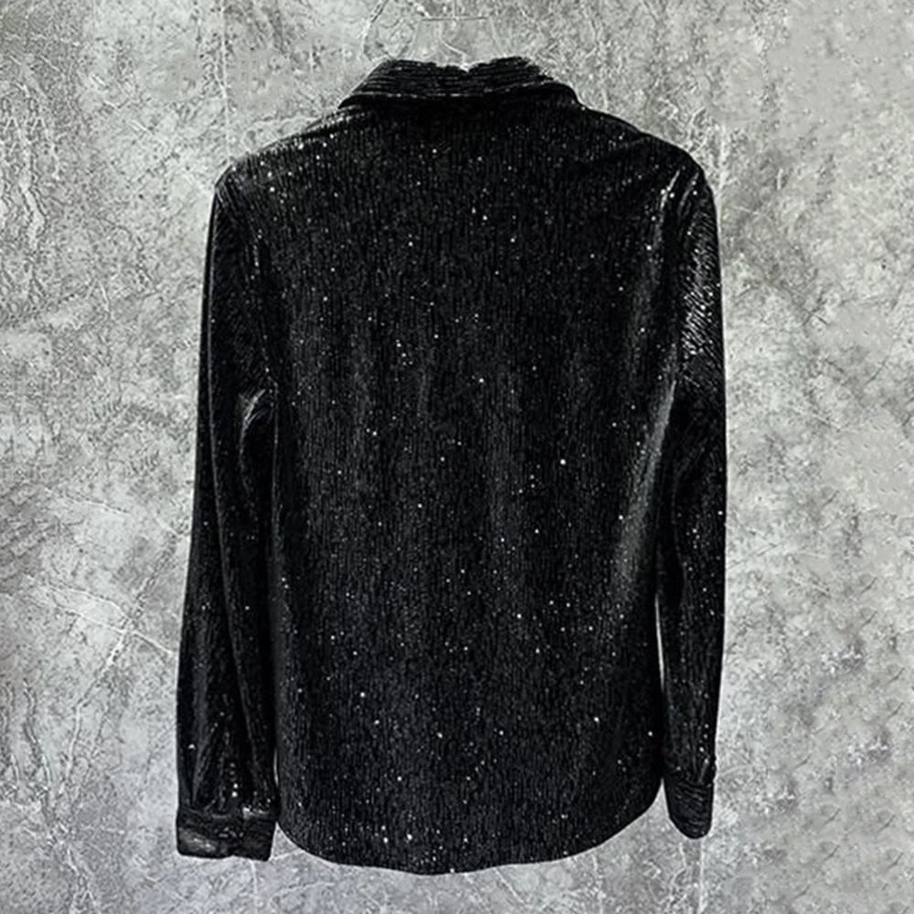 Men Gold Velvet Shiny Long-Sleeve Casual Shirt Autumn Genderless Fashion Youth Personality Slim Nightclub Performance Top Unisex