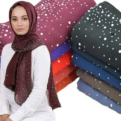 Rhinestone Decor Chiffon Scarf, Monocromático Hijab Turbante, Xale Clássico, Envoltório Respirável Cabeça, Full Cover Bandana, Acessórios para Cabelo, Monocromático