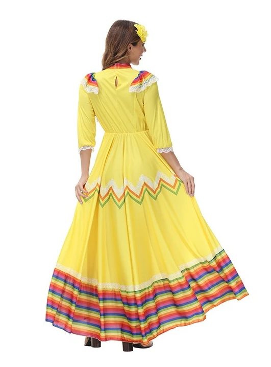 

Cinco De Mayo Traditional Mexican Folk Sexy Dance Dress Women Costume Mexico National Style Adult Bohemia Long Colorful Dress