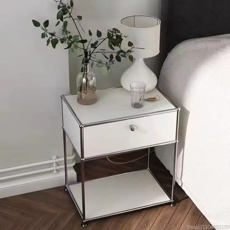 Vintage Industrial Modular Storage Cabinet Mid-Century Stainless Steel Side Table with Adjustable Shelves for Bedroom LivingRoom