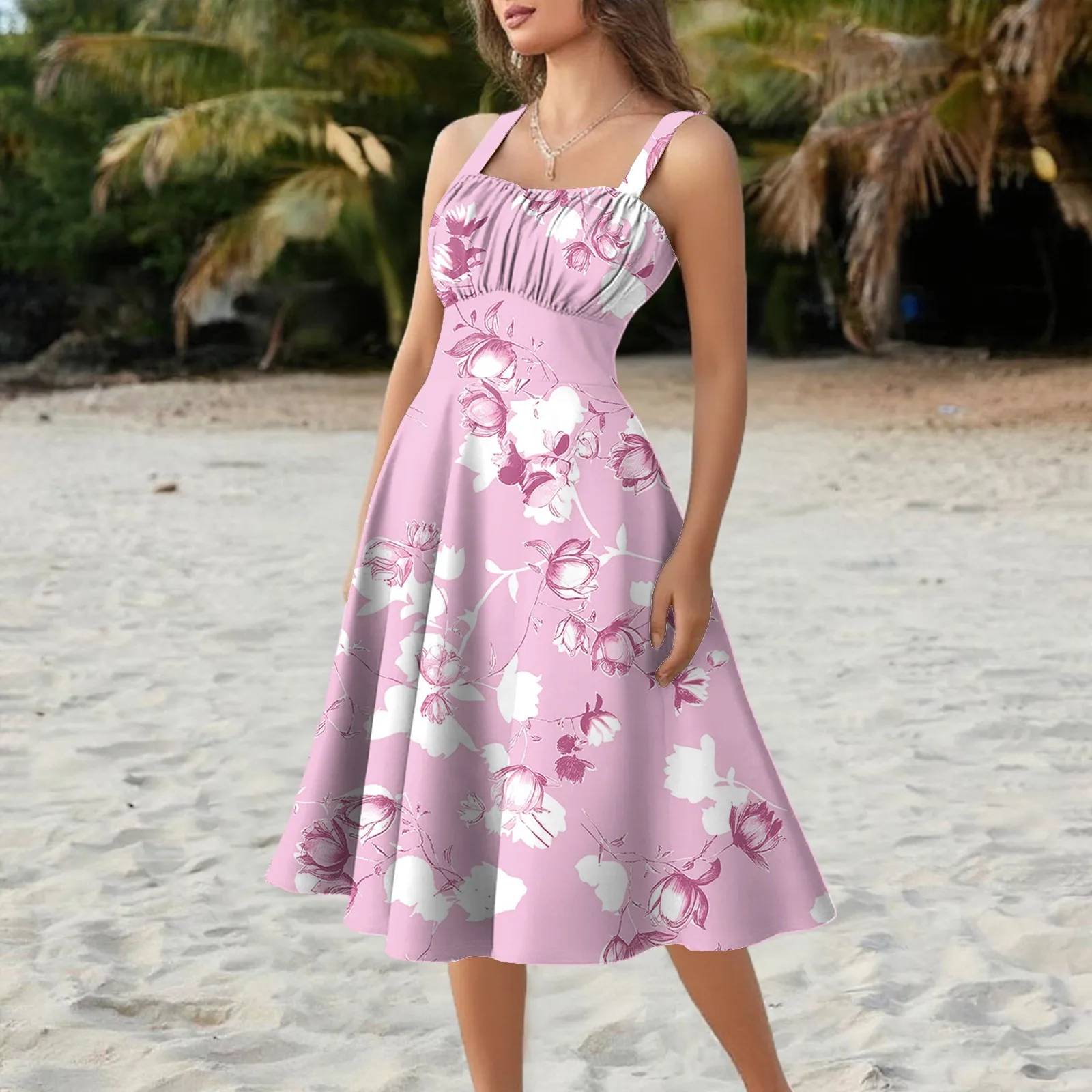 レディースヴィンテージノースリーブプリーツパッチワークキュートAラインヘム花柄プリントドレスワンピース レディース服 2025年夏