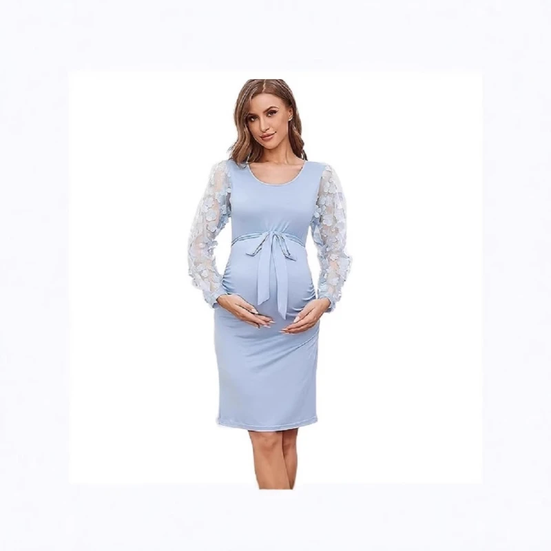 

2026 Maternity Wear Floral Patch Bodycon Pregnancy Dress Summer Long Sleeve Round Neck Gown, Fashion Collection