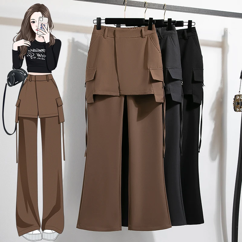 

plus Size Women's Casual Wide Leg Pants Suit Pants Curtain Skirt Pants Spring Autumn New Sle Fake Two-Piece High Waist