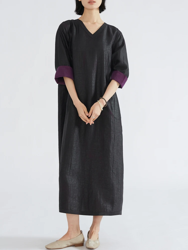 Double Sided 100% Natural Mulberry Silk Gambiered Guangdong Gauze Turtle Cracked Chinese Style V-neck Long Sleeved Dress