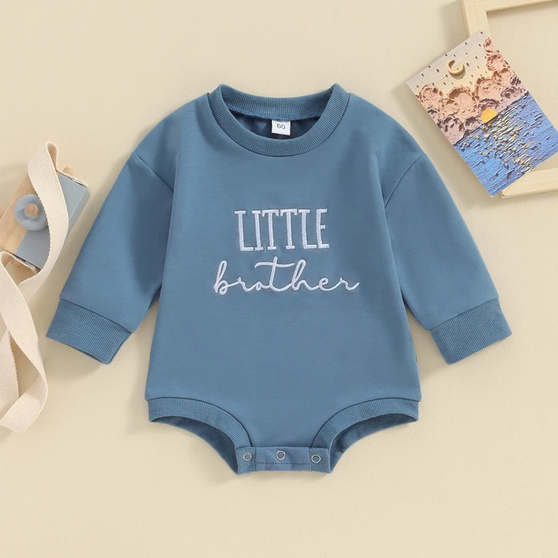 Infant Boy Spring Rompers with Long Sleeves and Round Neckline Featuring Letter Embroidery Detail - Adorable Newborn Playsuits