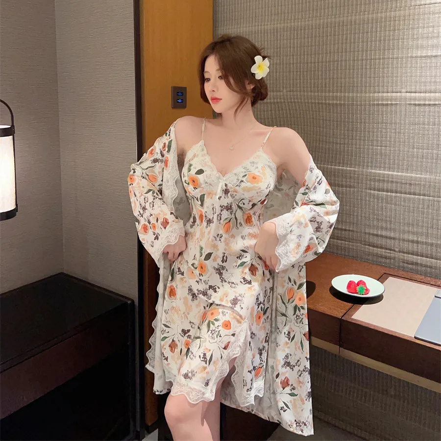 2PCS Sleepwear Bathrobe Gown Suit Summer Women Robe Set Loungewear Sexy Lace Nightgown Kimono Bride Home Dress Lingerie