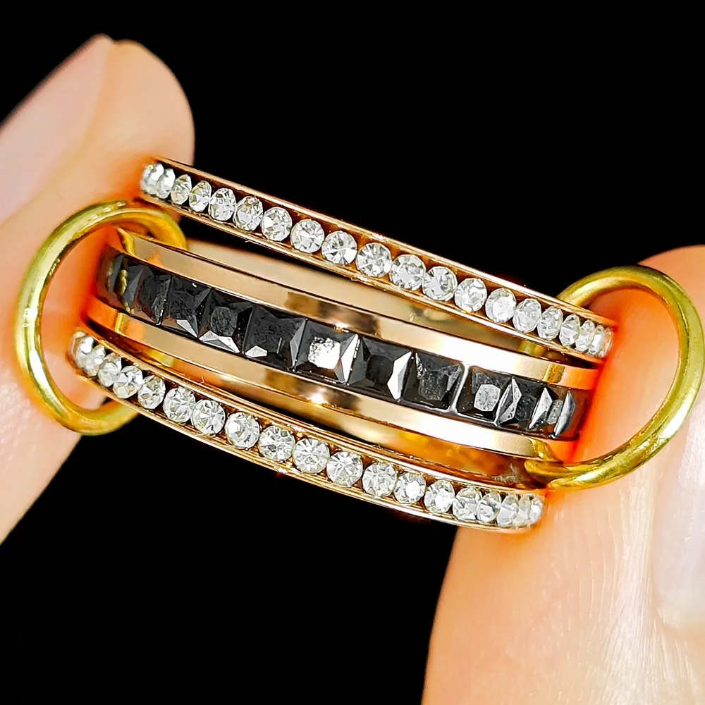 Black Zircon Stainless Steel Rings Stack Set Luxury Rose Gold Color Spinelli Rings For Women Wedding Finger Jewelry Trend 2025