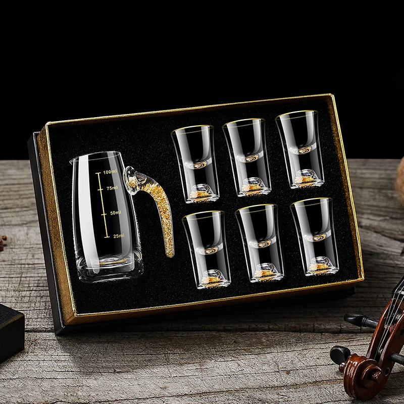 Juego de caja de regalo de copa corta de cristal, 7 Uds., copa de licor sin plomo con dispensador de vino, copas de vino de Brandy de Vodka dorada, taza de Soju