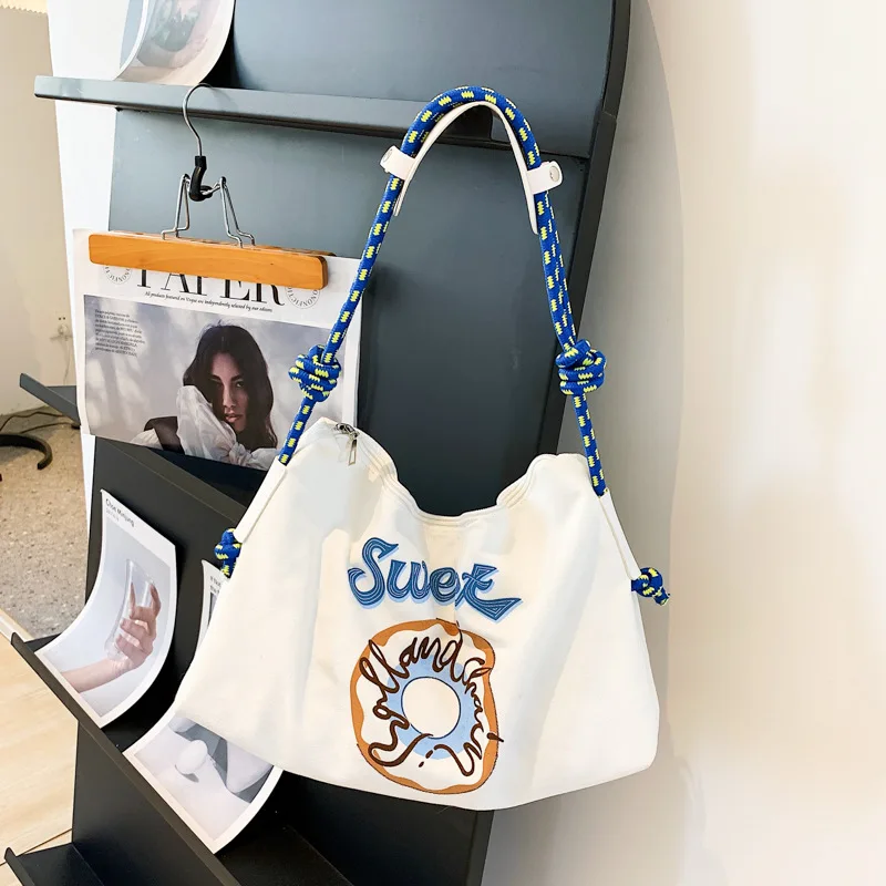 Letter large capacity girly sweet cartoon embroidery embroidery shopping storage bag shoulder bag handbag Korean style nylon bag
