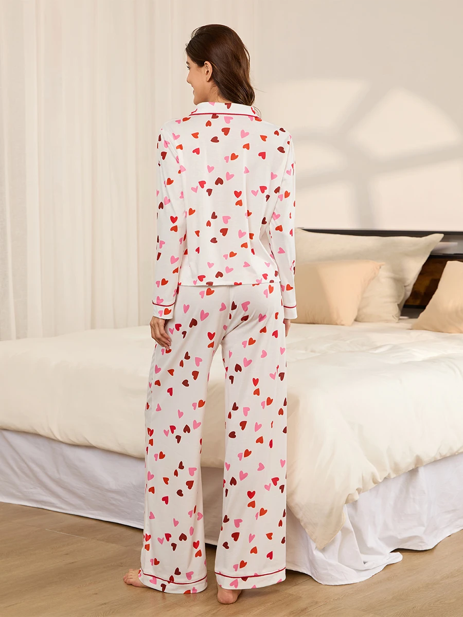 Women s Heart Print Loungewear Set Long Sleeve Lapel Button Down Tops Long Pants Fall Sleepwear