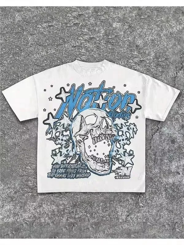 Nation Studios Blue Skull Star Graphic T-Shirt, Y2K Streetwear Oversized Vintage Skeleton Print Tee, Hip Hop Unisex Summer Top, Couple Matching Outfit