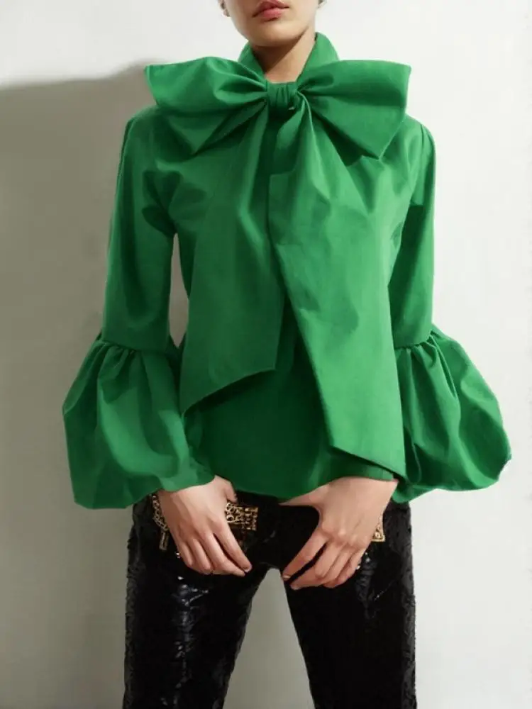 

Bonboho Bowknot High Collar Shirt for Women Lantern Sleeve Loose Fit Solid Green Blouse Urban Women's Fashion Commuter Top