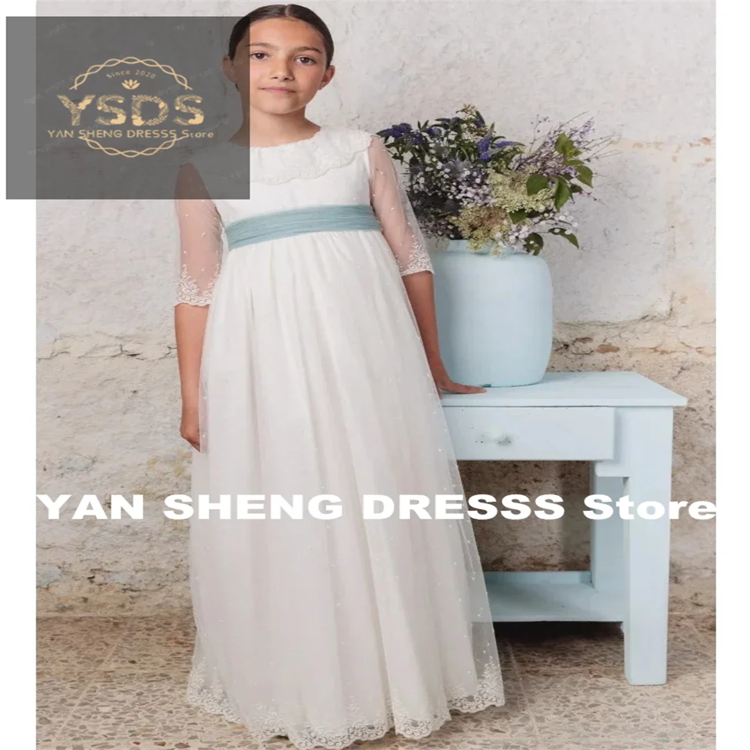 White Lace Appliques With Bow Ribbon Half Sleeves For Wedding Birthday Party Banquet Princess Gowns Flower Girl Dresses