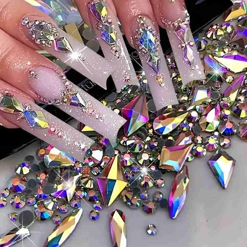 150 szt. Okrągłych, płaskich szklanych cyrkonii plus 20 szt. nieregularnych koralików do biżuterii DIY, dekoracji urody i zdobienia paznokci.