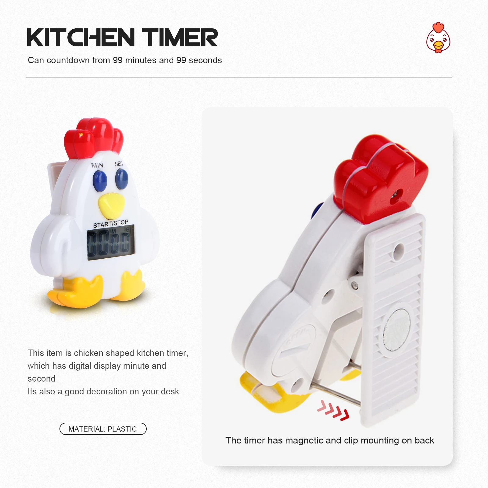 

Chicken Timer Digital Display Kitchen Timer Magnet Clip Countdown Electronic Cooking Reminder 68x56x2cm Plastic Desk Decoration