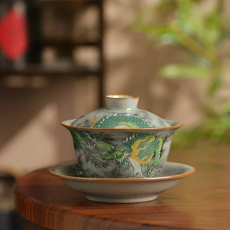 

Jingdezhen Gaiwan Old Clay Ink Color Dragon Pattern Gaiwan Ceramic Home Vintage Tea Making Large