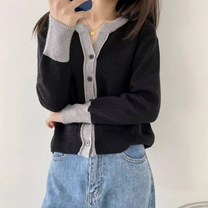 Nouveau Cardigan en tricot bloc de couleur pour femmes, manteau pull élégant et polyvalent