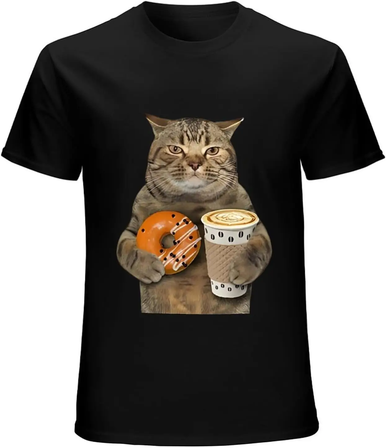 Cute Fat Cat with Coffee and Doughnuts T-Shirt Funny Graphic Tee Gift