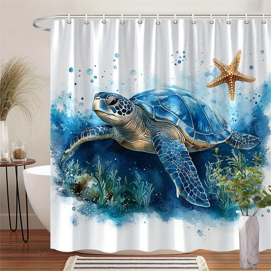 

Цельная занавеска для душа с акварельной синей черепахой, полиэфирная ткань, можно стирать в машине, подходит для украшения ванной комнаты
