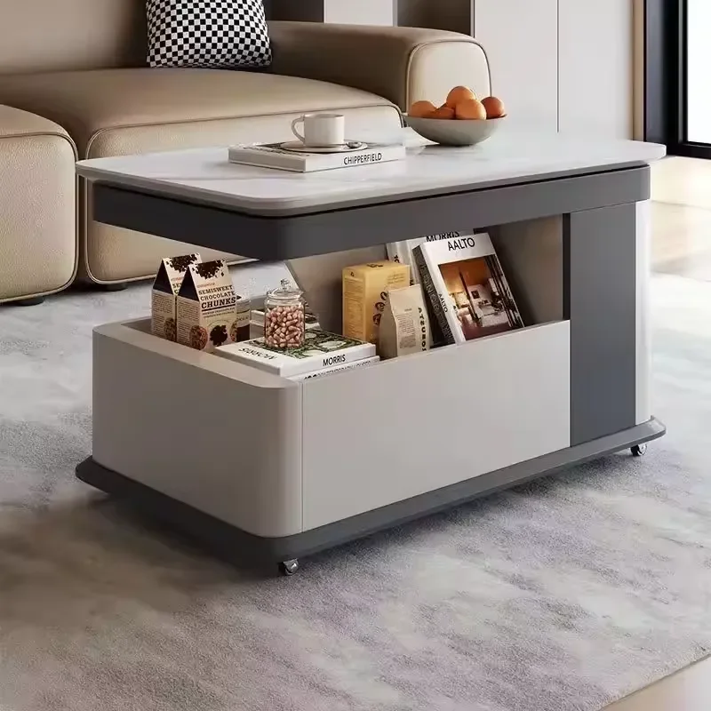 Modern Durable Oak Coffee Table Cabinet Set with Marble Top Wheels Creative Lifting for Living Room Bedroom