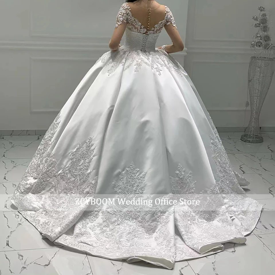 Personalizado vestido de baile de cetim mangas compridas vestido de casamento 2024 princesa rendas apliques pérola frisado vestido de noiva novia