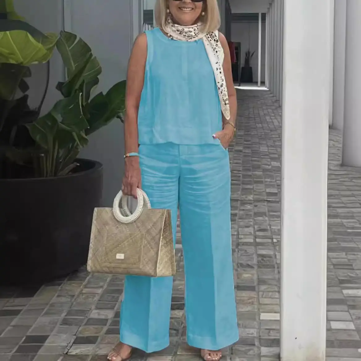 Conjunto de lino y algodón para mujer, pantalones de pierna ancha, traje de dos piezas, cómodo y transpirable, verano 2024