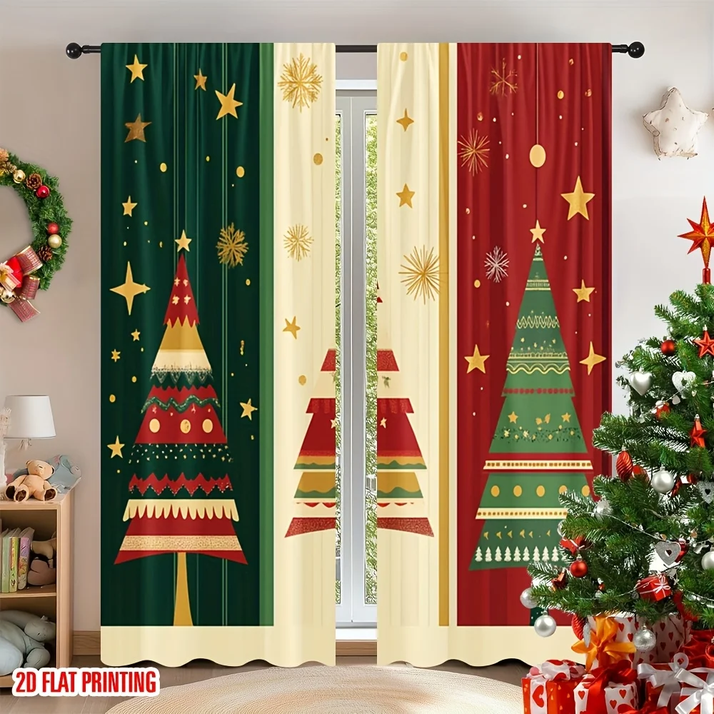 Merry Christmas Tree and Garland Pattern Rod Pocket Window Curtains Festive Home Decor for Living Room