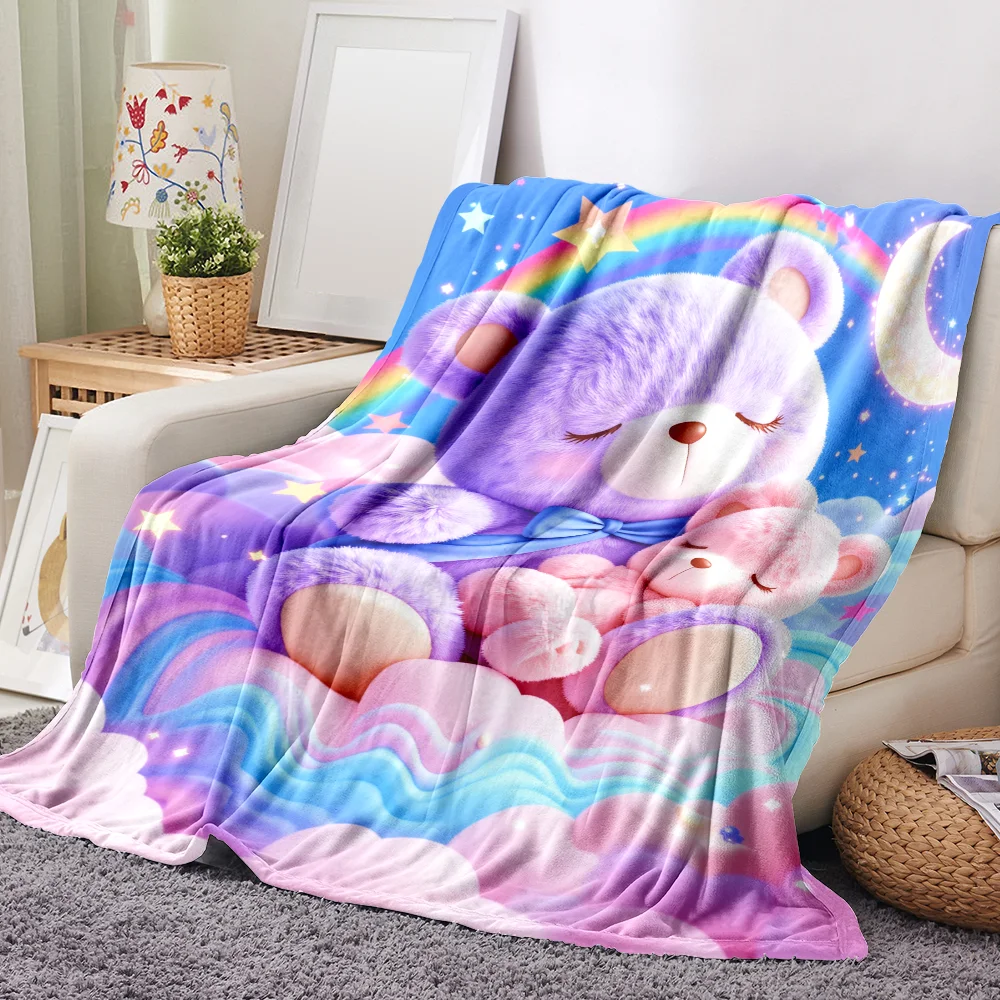 1PC cute bear and rainbow print blanket-made of soft fluffy flannel, perfect for a sofa or bed. A fantastic home decor and also