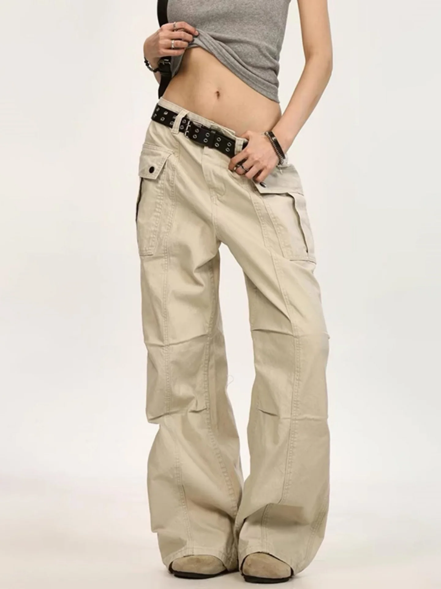 Retro American Folded Utili Pants Loose Wide Leg Casual Trousers for Men And Women Autumn High Street Straight Leg Pants